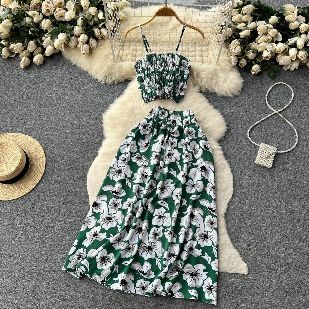YuooMuoo Women Dress Set Summer Vacation Fashion Floral Print Straps Crop Tops Long Skirts Outfits Beach 2Pcs Suits 250514