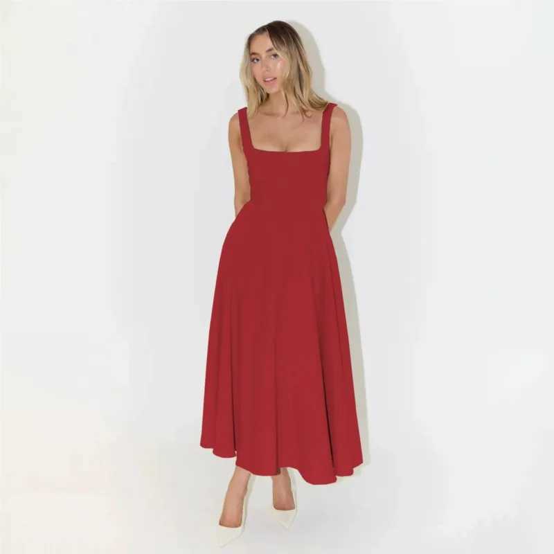 2025 Spring/Summer New Solid Navy Blue Dress Square Collar Sleeveless Waist Halter Long Dress Fashion Elegant Street Party DressXJ250514