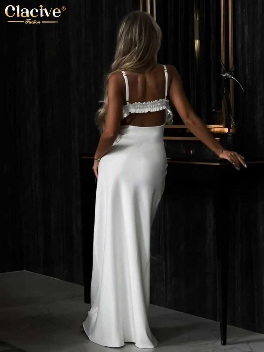 Clacive Summer Slim White Satin Womens Dress 2025 Fashion Strap Sleeveless Maxi Dresses Elegant Classic Backless Female DressXJ250514