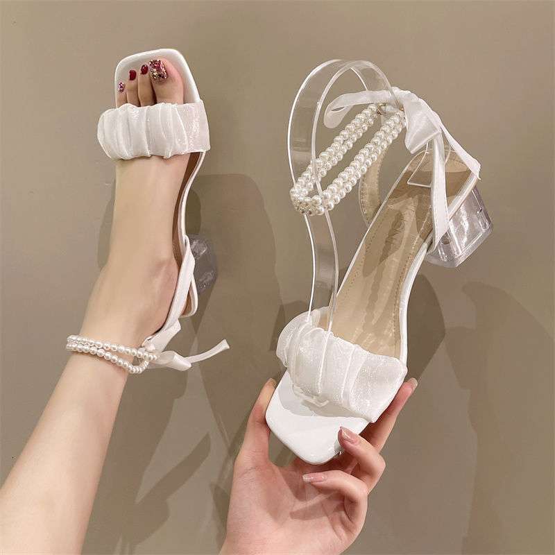 Designer sandals French niche pearl high-heeled sandals for women's summer 2025 new style, medium thick heel, crystal fairy style, versatile Inst