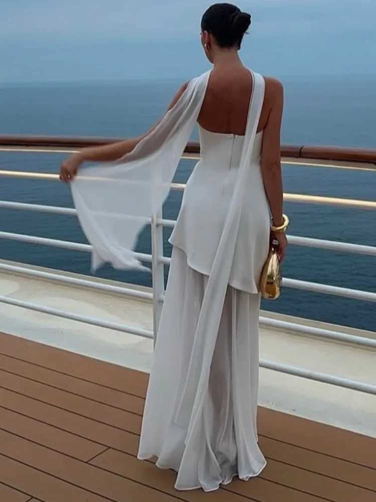 Elegant White Mesh Splicing Slim Women Strapless Dress Chic Scarf Neck Off Shoulder High Waist Long Dresses Lady Party RobesXJ250514