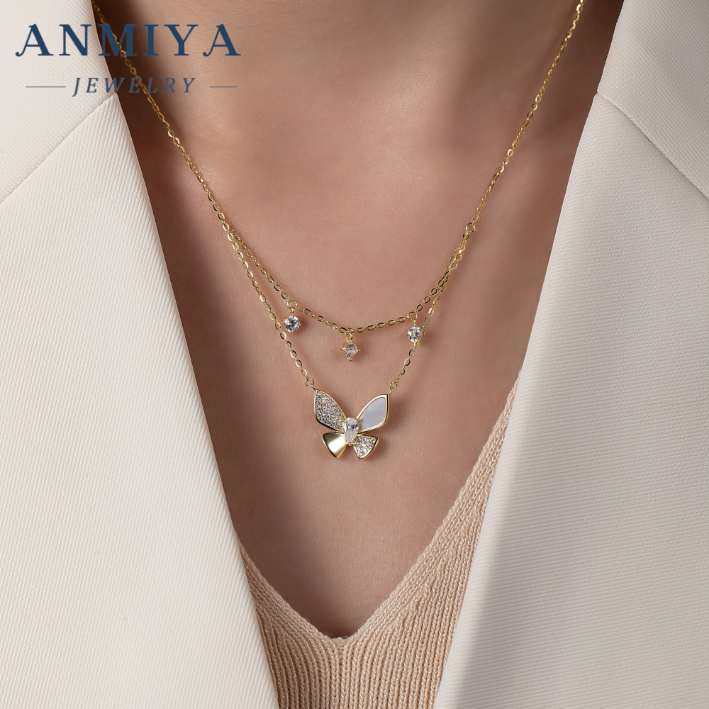 New Design INS Fashion Long 18K Gold Plated Tassels Women Necklace butterfly Shape CZ Fashion Chains Layering Necklaces