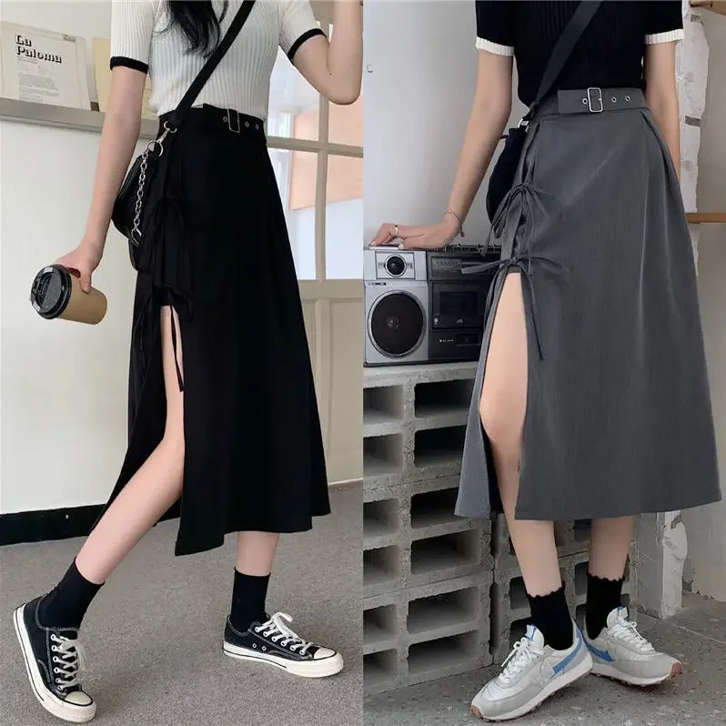 Vintage Dark Gothic High Split MidCalf Skirts Women Elegant Fashion Party Club Waist Femme Bottom Streetwear Goth Skirt 250514