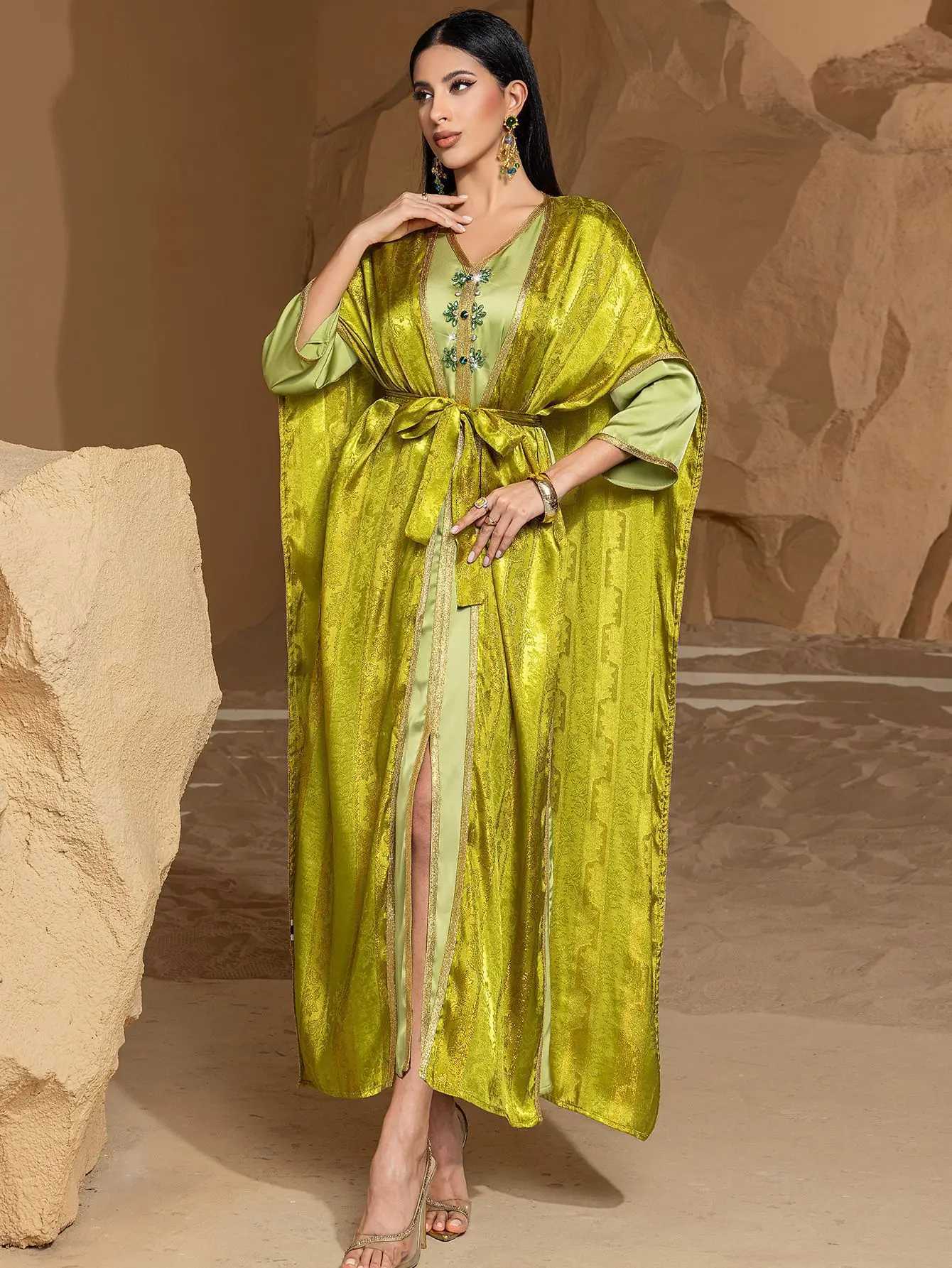 Dubai Abayas Kimono Muslim Sets for Women Satin Evening Party Dress Turkey Kaftan Eid Djellaba Islam Jalabiya Femme Robe Caftan X250514
