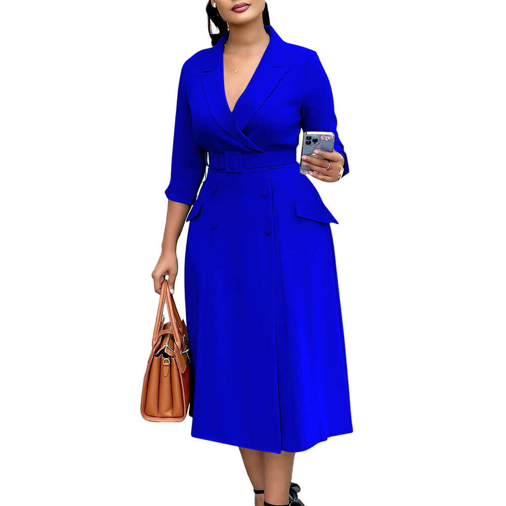 Women's Wear Women's Fashion Temperament Double Breasted Suit Collar Solid Color Mid Length Dress