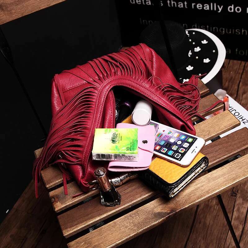 BENVICHED New Tassel Handbag Simple Cool Red Single Shoulder Fashion Women Satchel Bag C114