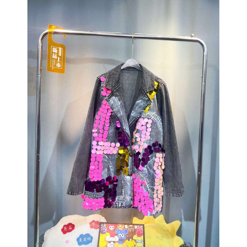 Hand Painted Heavy Sequined Denim Suit Coat Spring Mid Length Blazers Jacket Turn Down Collar Jeans Cardigan Loose Cowboy Tops