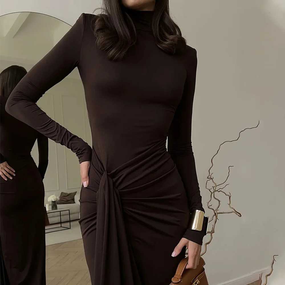 Womens Fashion Long Sleeve Draped Bandage Bodycon Club Long Dresses Elegant Solid Womens Turtleneck High Split Maxi DressXJ250514