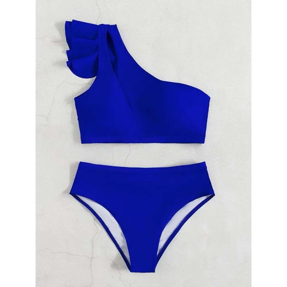 One Shoulder Bikinis Women Ruffle Swimsuit Solid High Waist Swimwear Female Padded Bathers Bathing Swimming Suit Beachwear