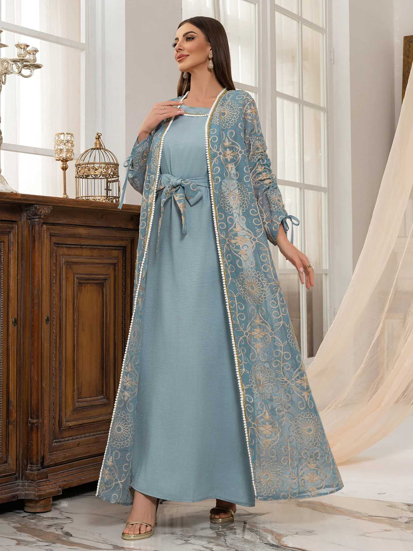 Muslim Intricate Embroidered Abaya set with Belt Design Ideal for UAE Dubai Middle East Wedding Ramadan Formal Modest Fashion X250514
