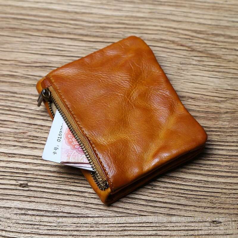 NZPJ Male Retro Female Short First Layer Cowhide Vertical Wallet Vegetable Tanned Leather Bank Card Holder
