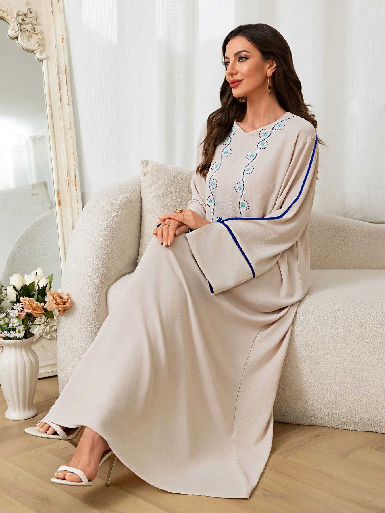 New Islamic Muslim Womens Beige Abaya with Blue Embroidered Neckline and trimmed Long Slves for Ramadan Middle East Religious X250514
