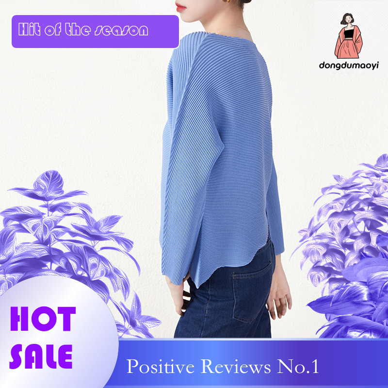 dongdumaoyi Wrinkled long sleeved top for women's stay at home 2024 spring/summer new style, loose and slimming round neck T-shirt, solid color b