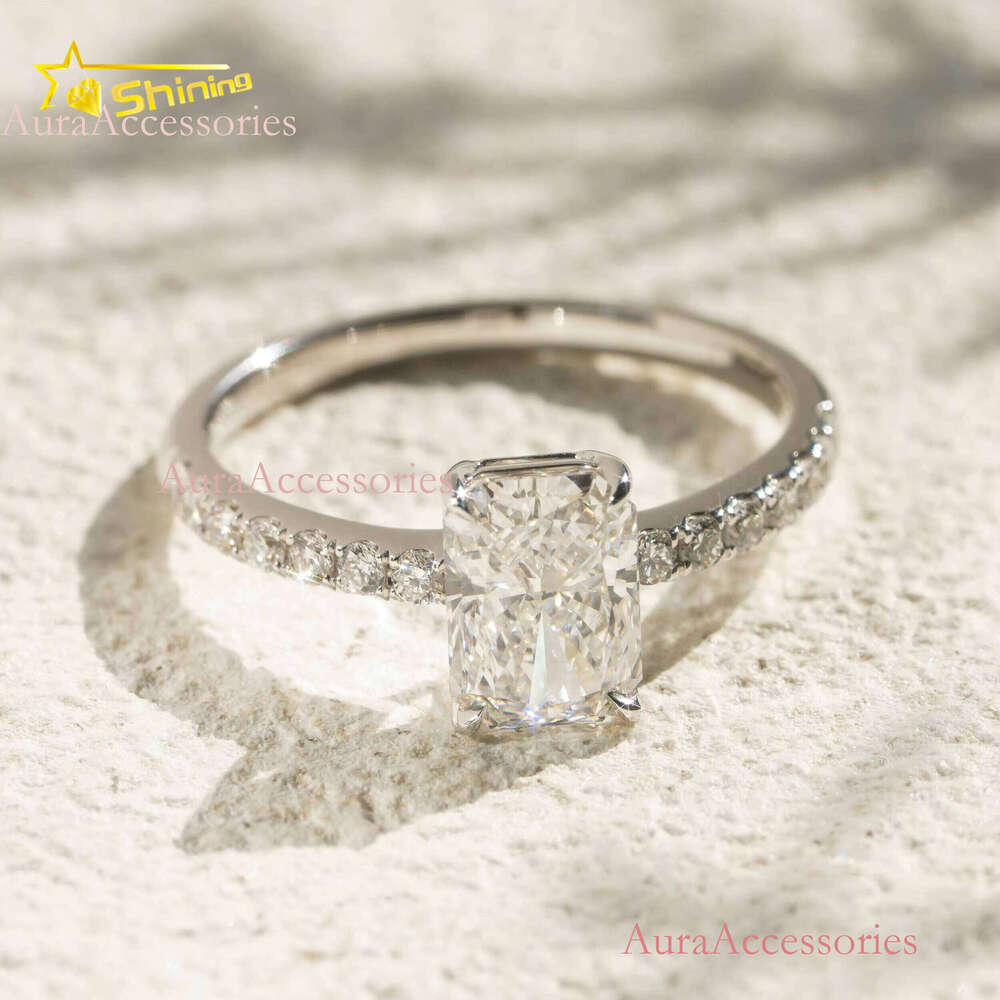 Real Solid White Gold Radiant Cut Lab Grown Half Band Eternity Dia Ring Fine Jewelry for Women Daily Use Wear