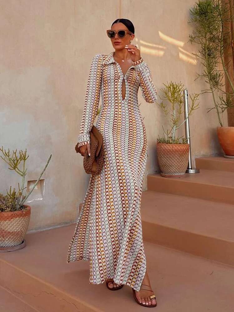 2025 Women's Elegant Crochet Sexy See Through Bodycon Maxi Dress Long Sleeve Cover-Ups Knitted Beach Swimsuit Cover Up A2819