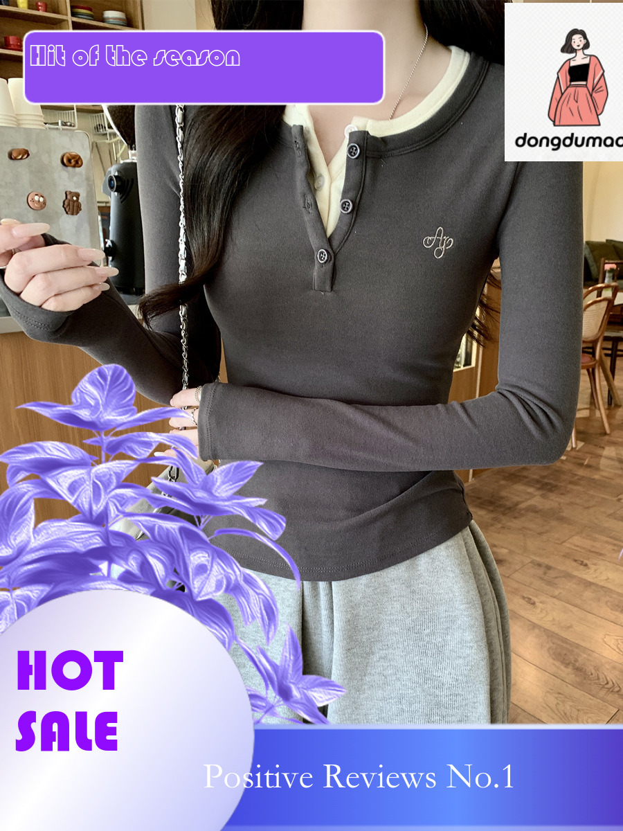 dongdumaoyi 2025 Early Spring Design Sensation Fake Two piece Long Sleeve T-shirt for Women's New Style, Interior Fit and Slimming Bottom Shirt, 