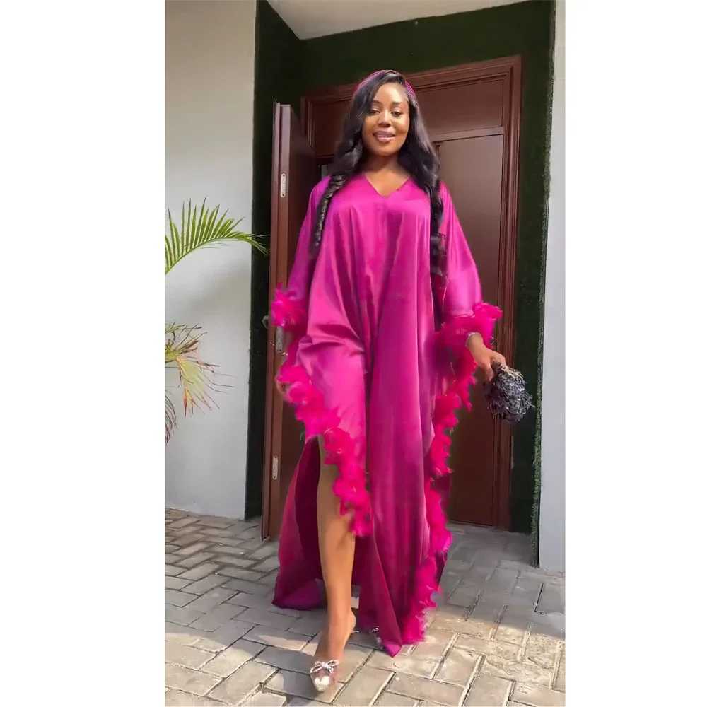 Elegant African Feather Dresses for Women Muslim Bat Slve Boubou Abaya Robe Dashiki Ankara Evening Gown Kaftan Long Maxi Dress X250514