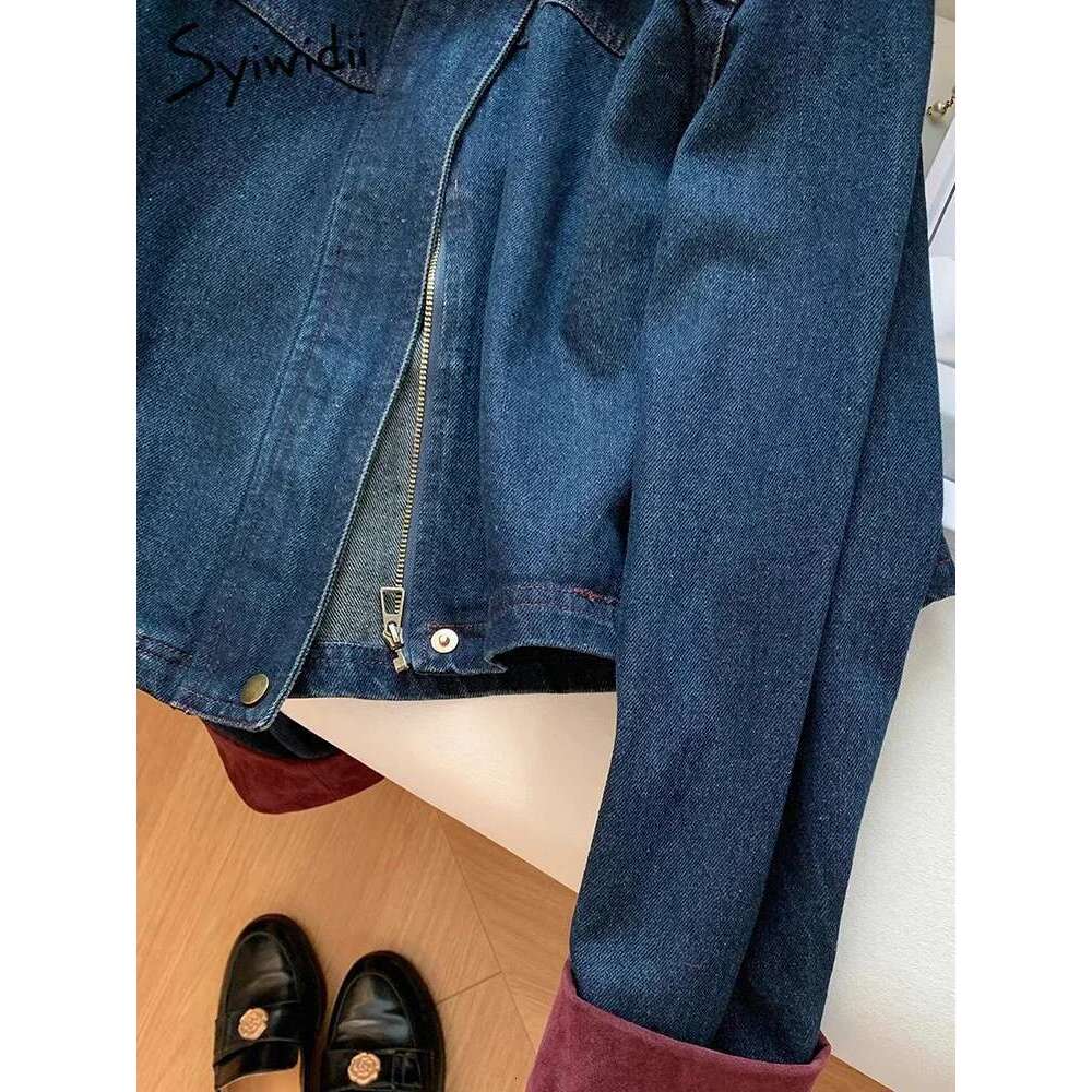 Syiwidii Denim For Women Turn-Down Collar Chic Button Zipper Casual Coat Autumn Fashion Long Sleeve Female Jean Jackets