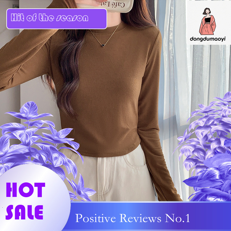 dongdumaoyi Mirad autumn winter half high neck slim fit base shirt for women with irregular pleated long sleeves and inner T-shirt top