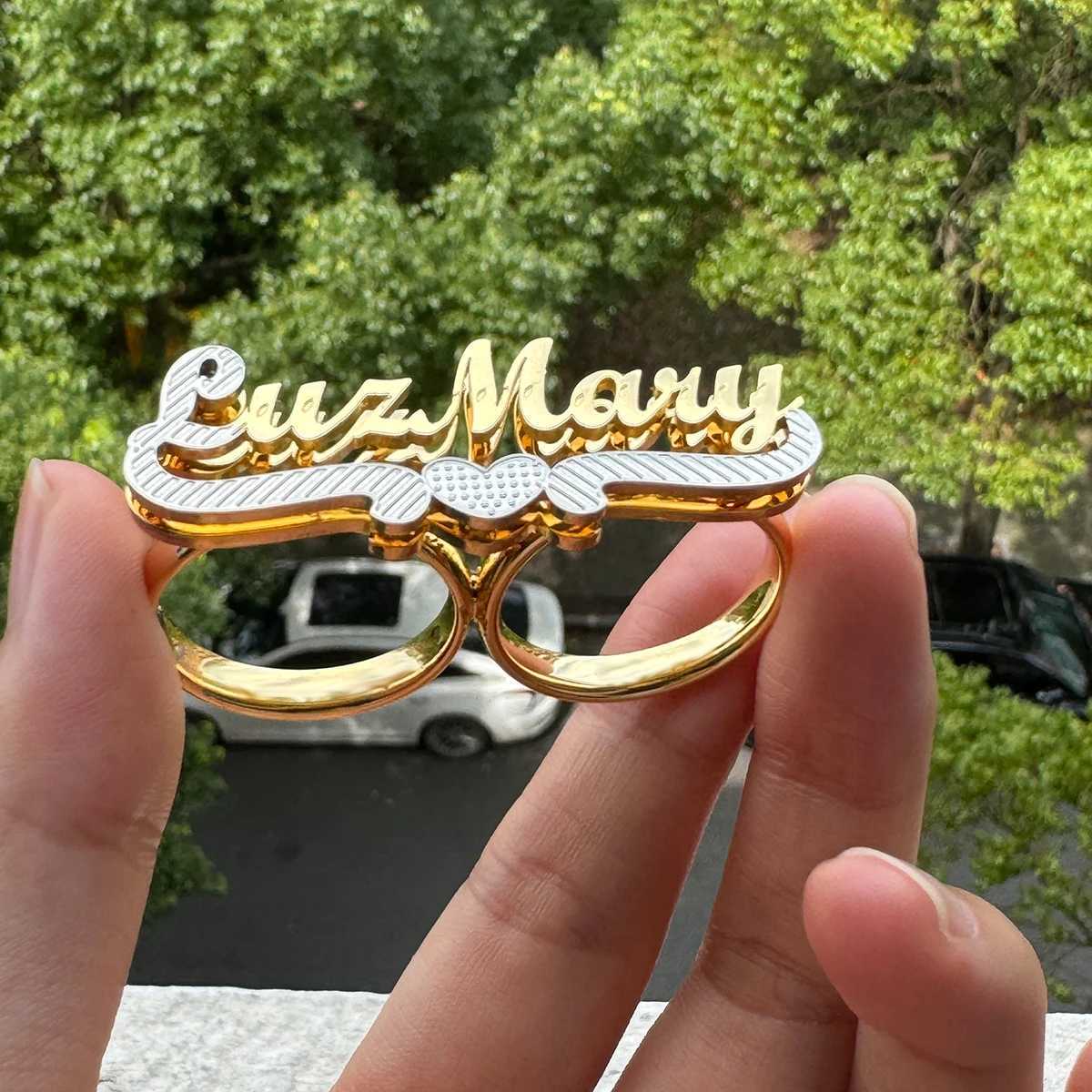 Custom Name Ring Stainl Steel Double Finger Ring Personalized 3D Double Layer Nameplate Womens Ring Jewelry Anniversary GiftXJ250514