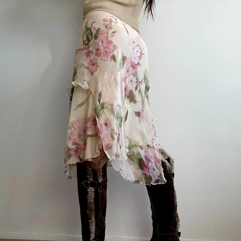 Darlingaga Vintage Floral Printed Asymmetric Hem Skirts Low Waist Slimming Holiday Mesh Summer Skirt Women Fashion Bottoms 250514