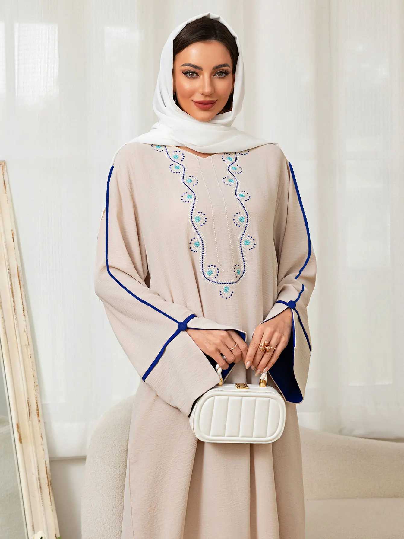 New Islamic Muslim Womens Beige Abaya with Blue Embroidered Neckline and trimmed Long Slves for Ramadan Middle East Religious X250514