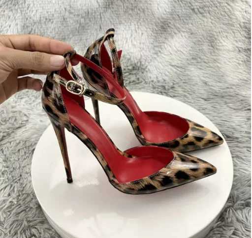 Red background leopard print high-heeled sandals with a straight buckle thin heel pointed toe fashionable and sexy big size 12CM W250514
