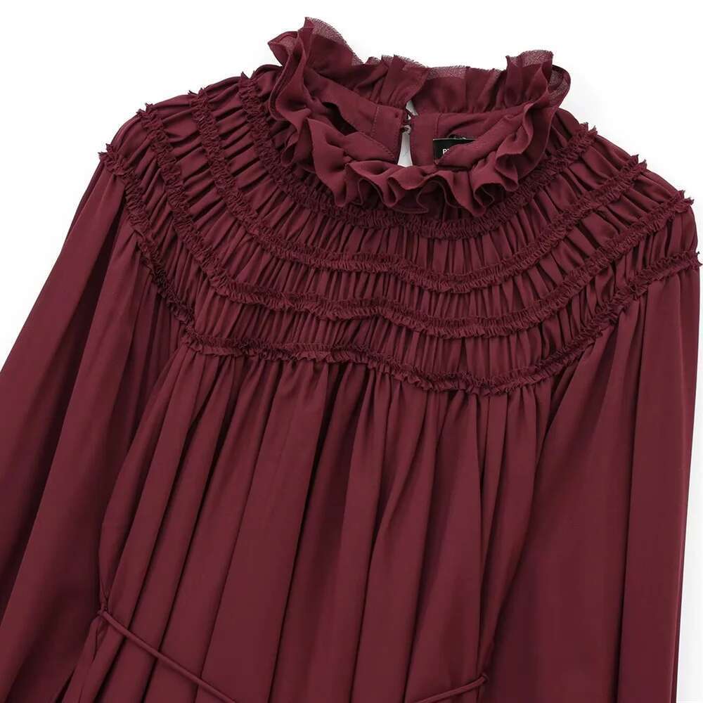 2025 RZRA Spring New Women's Fashion Casual Loose Bubble Sleeves Folded Decoration Long Sleeve Collar Strap A-line Short Dress