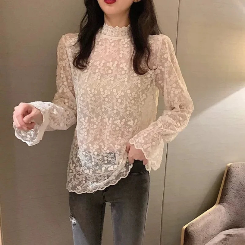 Long Sleeve See Through Stand Collar Hollow Out Lace Women Blouse Fashion Summer Elegant Shirt Spring Flare Tops 250514