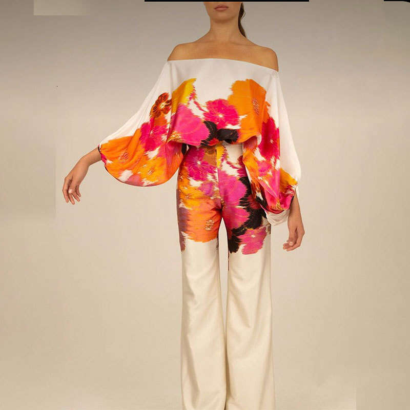 2025 New Loose Bat Sleeve Top Wide Leg Pants Fashion Set Womens Two Piece Set Gentle Wind High Elasticity Washable Printing Fashion New Pattern New Ar