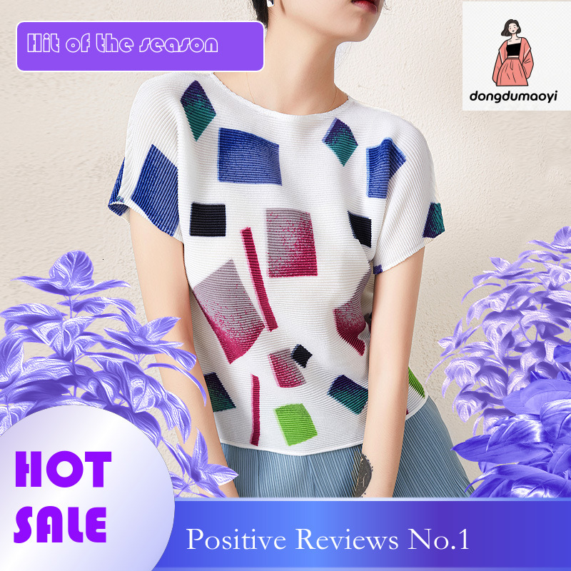 dongdumaoyi Miyake Printed T-shirt for Women, 2024 New Style, Wrinkled Luxury, Unique and Beautiful Small Shirt, Design Sense Top