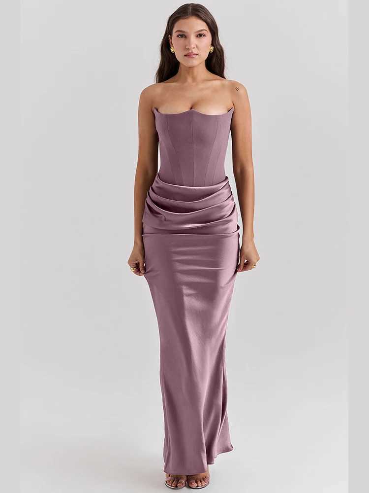 Womens Elegant Satin Strapless Fishtail Dress Flattering Waist Pleats Summer Female Sexy Solid Fish Bone Slim Fit Long DressXJ250514