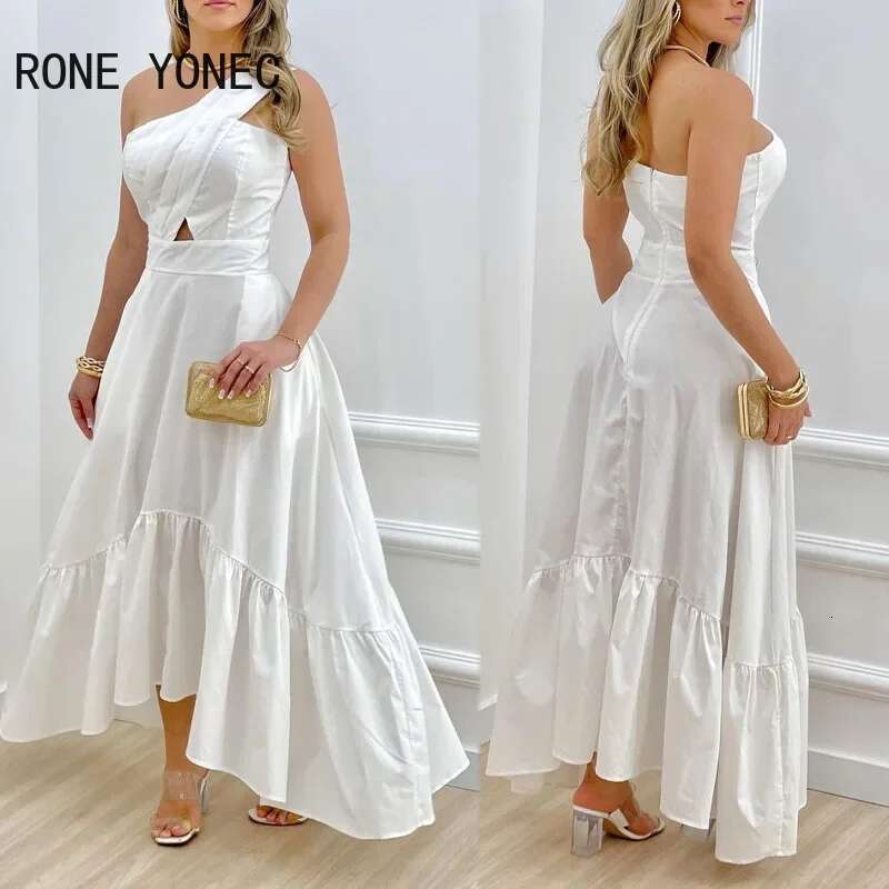 Women Solid Elegant One Shoulder Ruffle Hem Hollow Out Zipper Sexy Maxi White Dresses