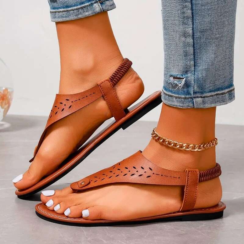 Women Large Size Hollow Toe Clip Flat Sandals for Women'S Summer Elastic Band Carved Beach Woman Sandal Sandalias