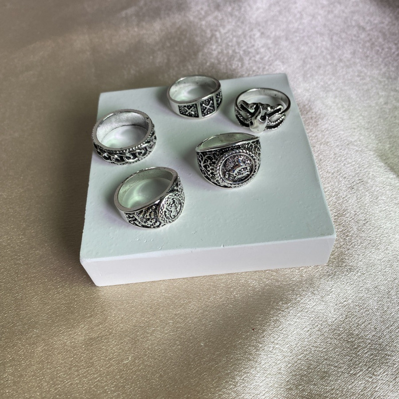 Trendy Metal Style Design Totem Geometry Couple Ring 5-piece Set