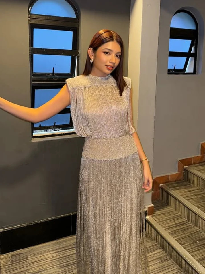 Fringed Sequin Long Dress Tassel Glitter Sleeveless Party Gown Waisted Cinched Elegant O-neck Fringed Dresses Women 2 Piece Set 250513