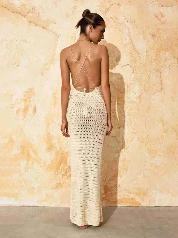 Sexy Knit Cut Out Tassel Spaghetti Strap Bodycon Beach Maxi Dress Summer Women's Holiday Club Party Outfit Swimsuit Cover Up K10