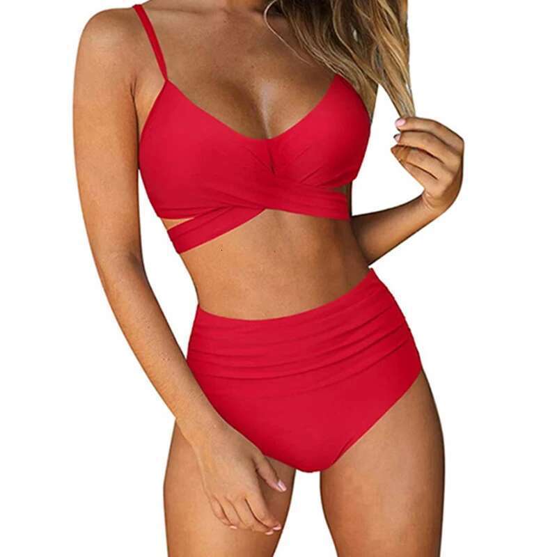 Two-Pieces Push-Up Padded Bra Bandage Bikini Set Women Criss Cross High Waisted String Floral Printed Bathing Suits