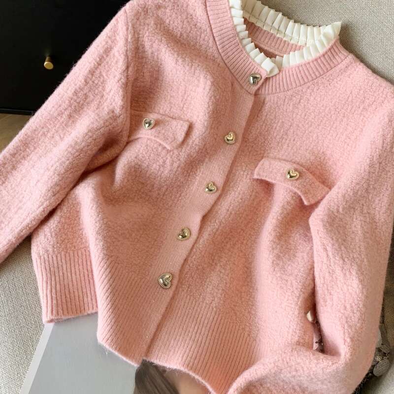 New Autumn Winter Cashmere Sweater Korean Style Casual Ruffles White Pink Red Long Sleeve Knitted Cardigans For Women