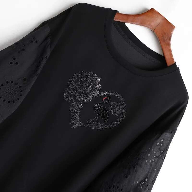Plus Size Swan's Picture Embroidery Sequins Women T-shirt Flower Side Lantern Seven-quarter Sleeves Tees New Summer Top Y2k