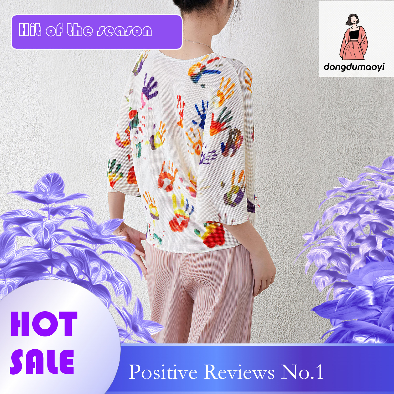 dongdumaoyi Miyake printed top, summer thin, new style, pleated, loose, flesh blocking, western-style T-shirt, round neck, batball sleeves, slim and t