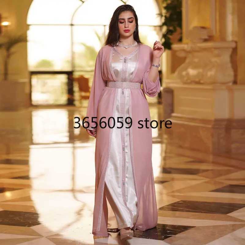 Diamond Belt Moroccan Takchita Party Kaftan Chiffon Abaya Satin Inner Dress Saudi Middle East Muslim Party Eid Ramadan Robe X250514