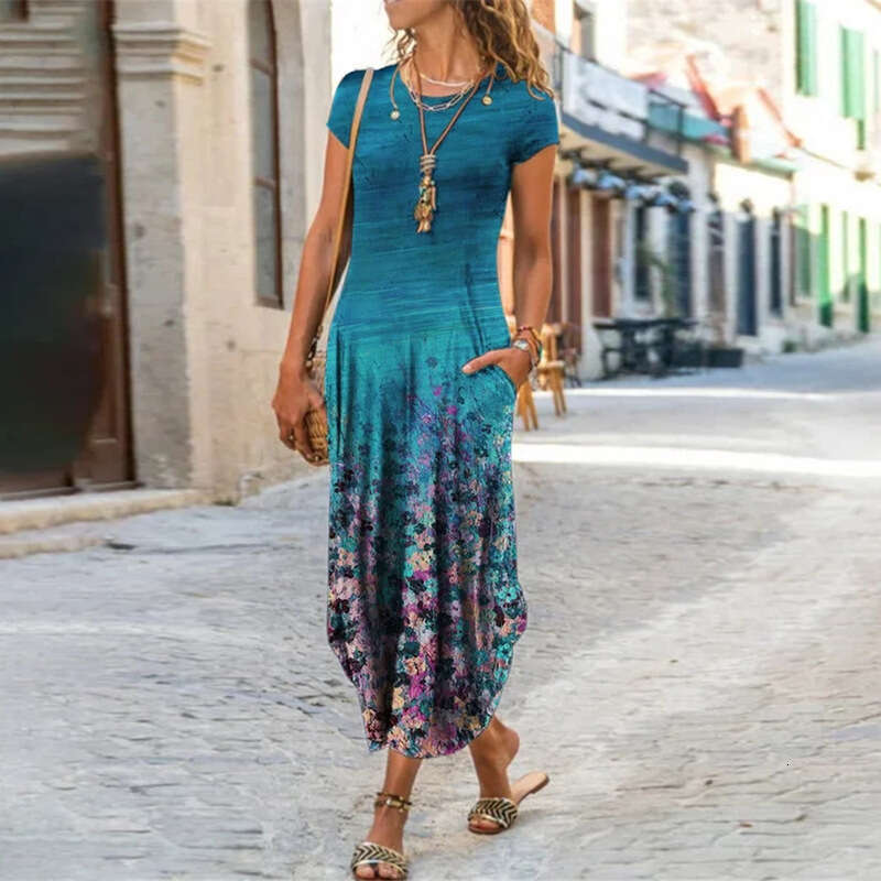 Women Clothes Dress New Women S Round Neck Pocket Short Sleeve Fashion Print Dress KQ
