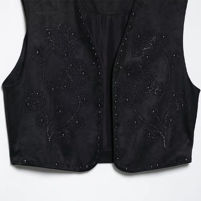 Willshela Womens Fashion Beaded Black Sleeveless Jacket Waist Coat Retro Vneck Tank Top 250506