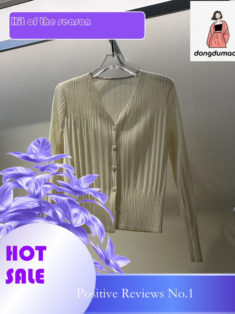 dongdumaoyi Miyake style pleated top long sleeved 2025 spring/summer temperament v collar cardigan versatile short jacket slimming shirt for women