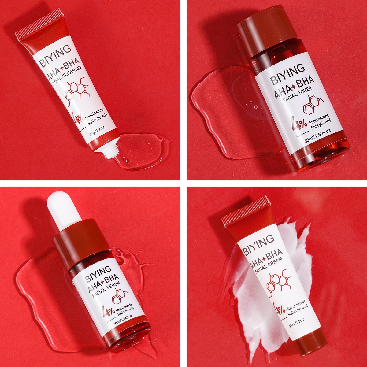 biying aha bha Skin care set, facial serum, facial cleanser, toner and cream,Contains salicylic acid and nicotinamide components,Dermatologist-tested