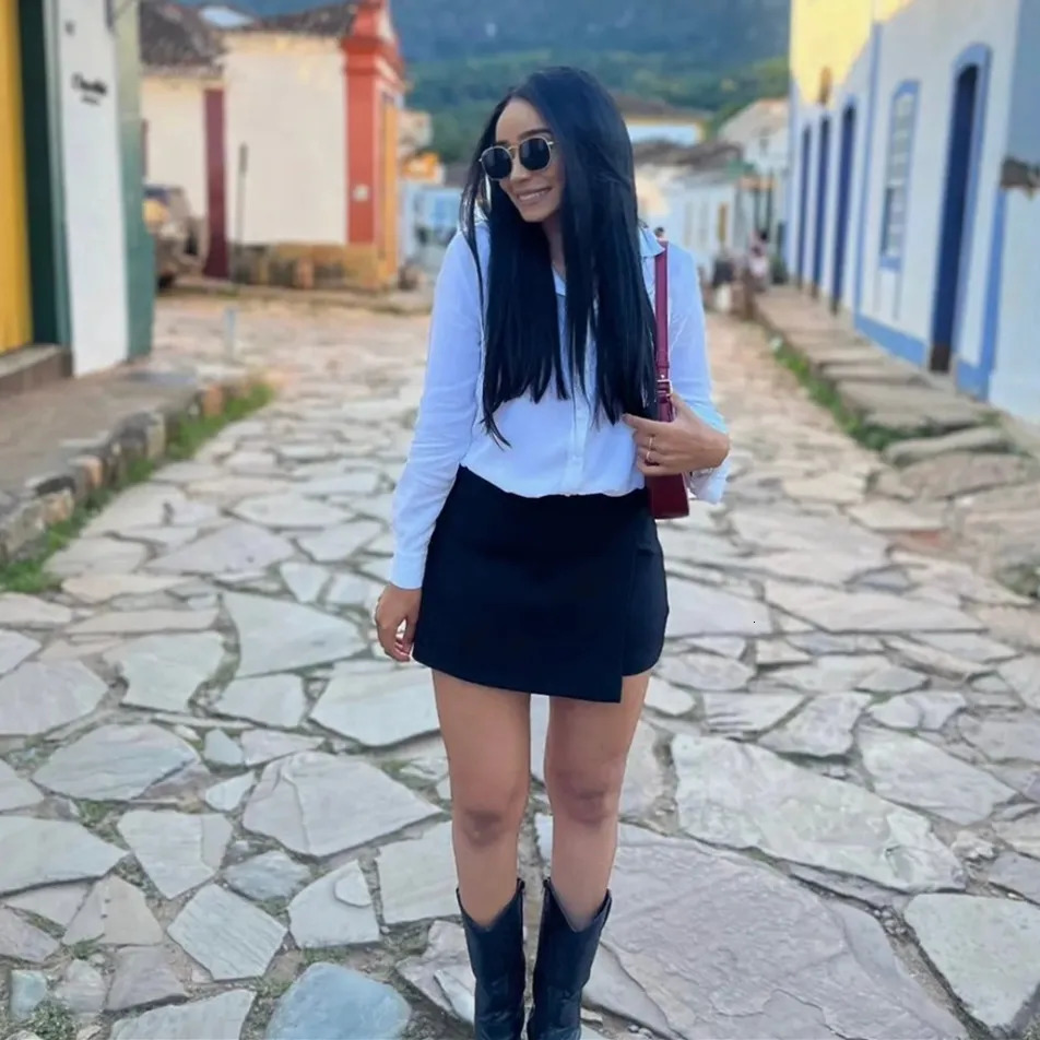 TRAF Asymmetric Skort For Women Black High Waist Mini Skirt Shorts Casual Bermuda Woman Summer 250514