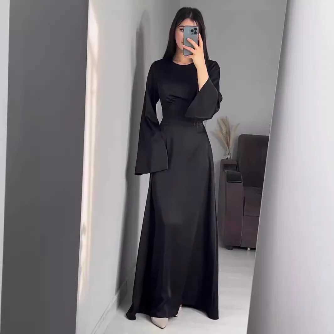 2025 Spring Satin Women Long Dress White Long Sleeve Lace Up Solid Bodycon Dress Female Summer New Fashion Elegant Lady ClothesXJ250514