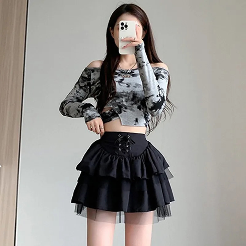 Womens Summer Y2k MultiLayered Mesh Cake Skirt High Waisted Lace Patchwork Up JK Fluffy Black 250514