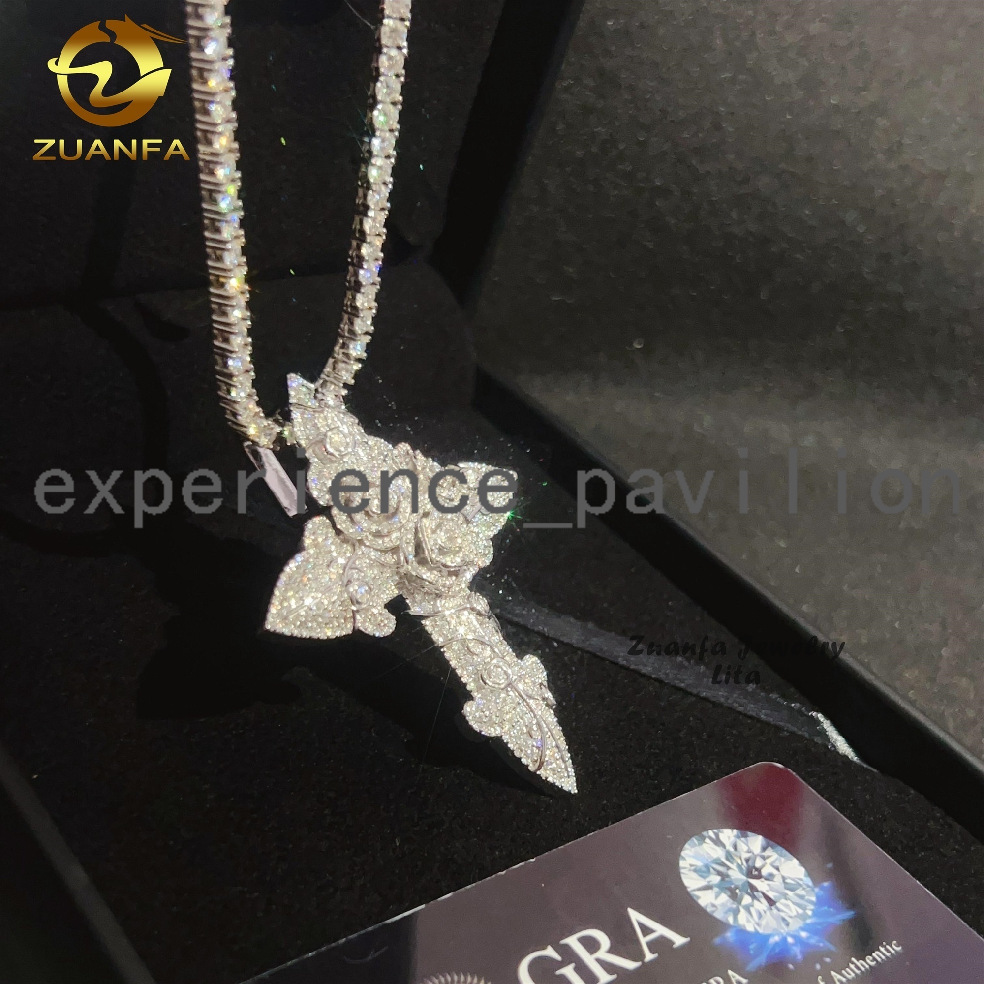 Iced Out Jewelry Hip Hop Style Solid 2.5 Tall Custom 925 Sterling Silver Cross Rose Moissanite Diamond Pendant